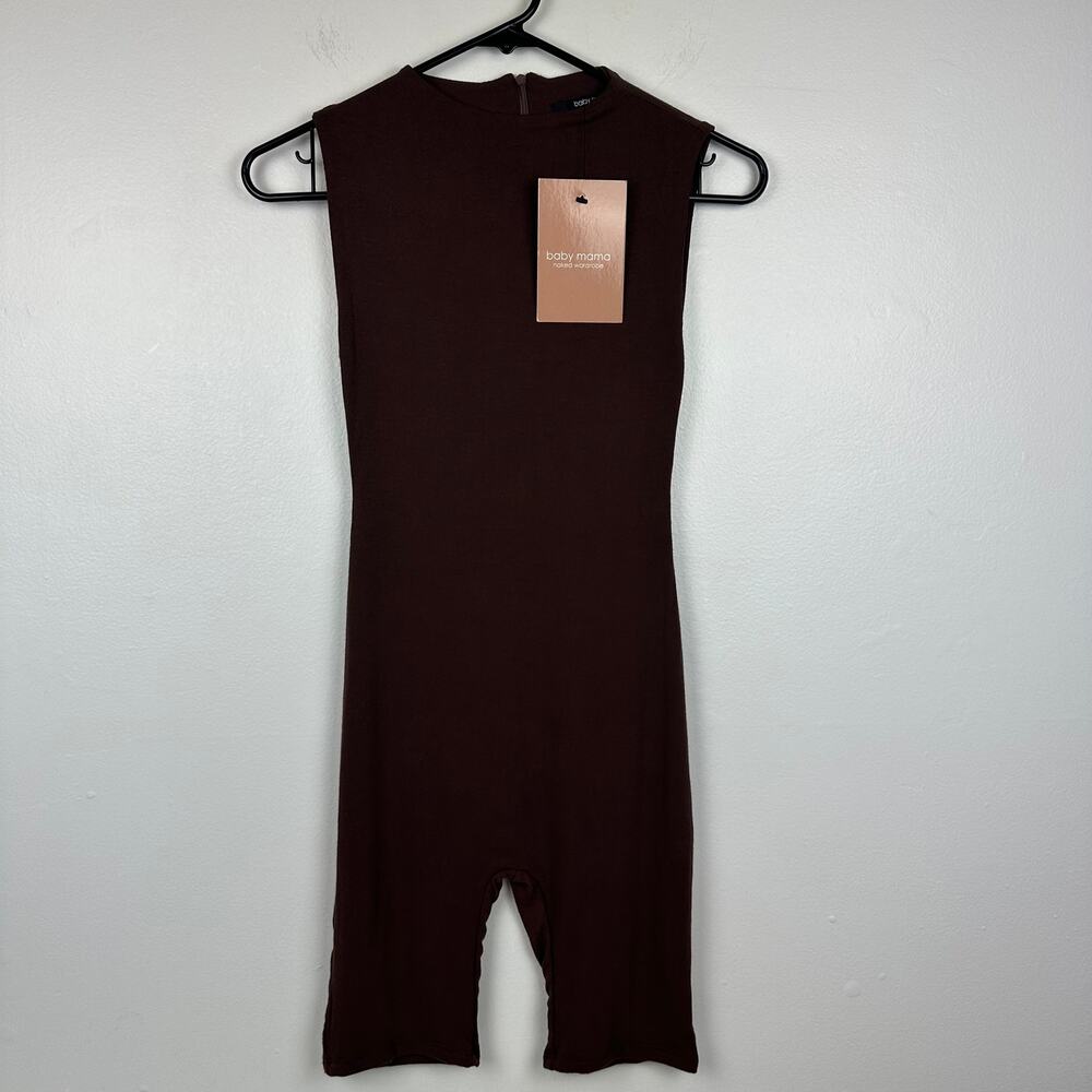 NWT Baby Mama Naked Wardrobe Womens High Neck Brown Jumpsuit Short Romper Small